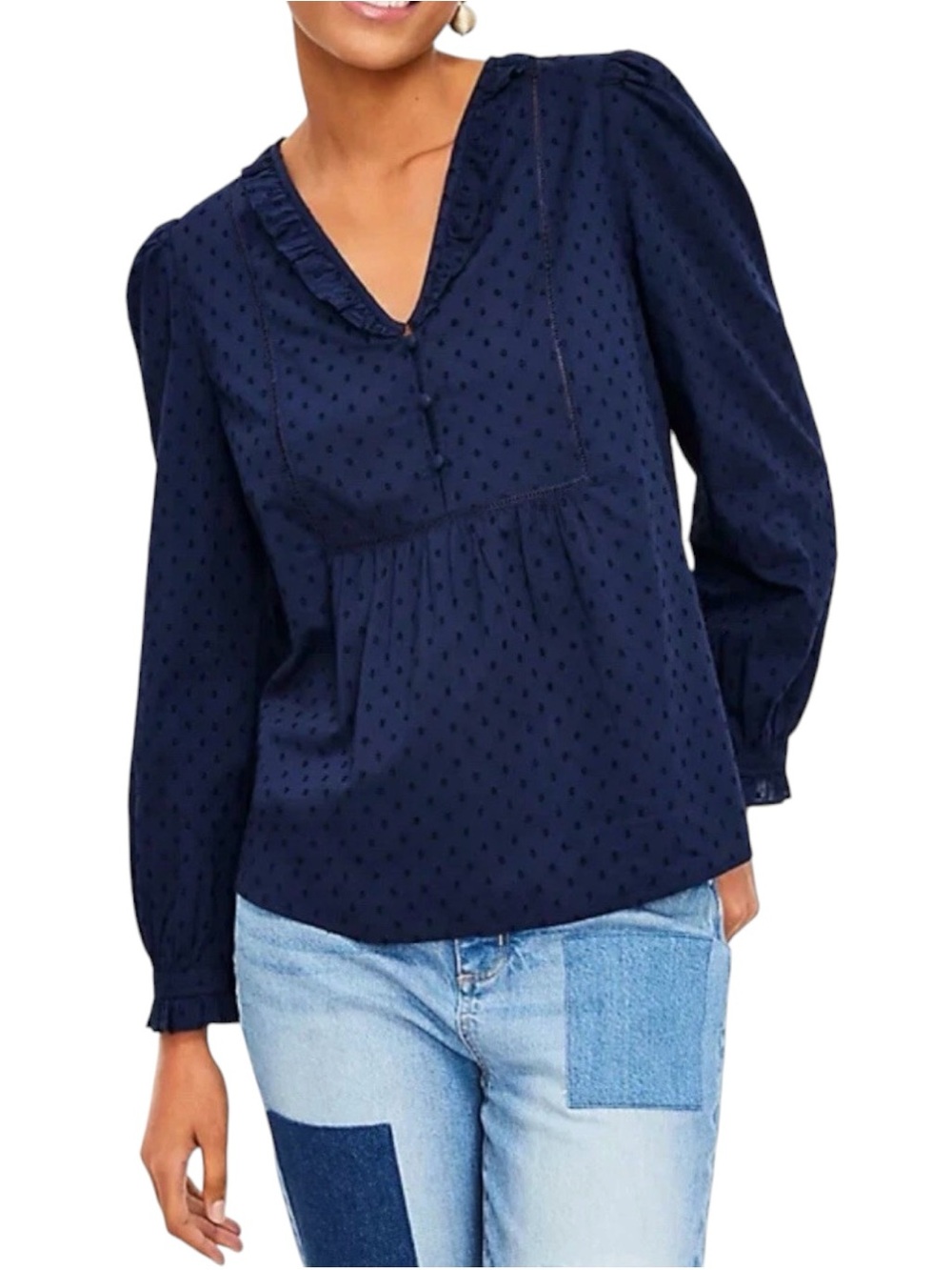Ann Taylor LOFT Sz SMALL Navy Swiss Dot V-Neck Ruffle Trim Babydoll Blouse Top
